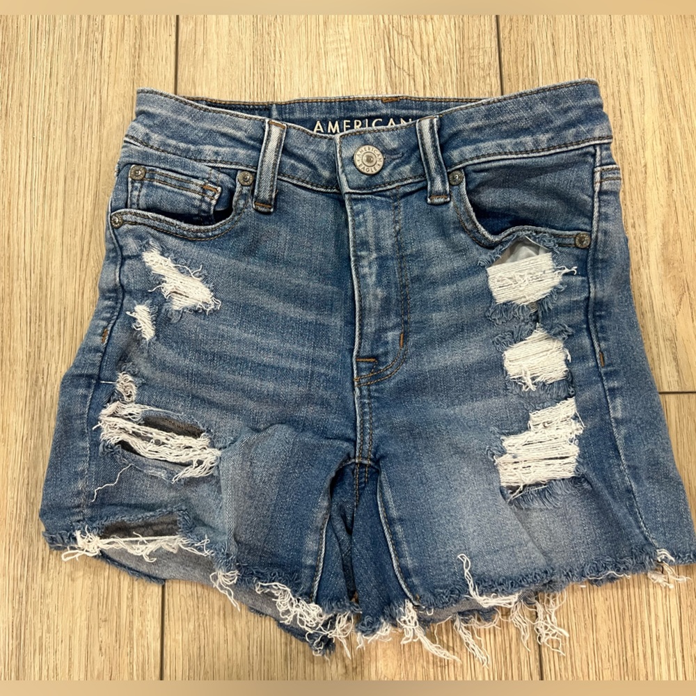 American Eagle Next Level Stretch High Rise Blue Distressed Denim Size 0